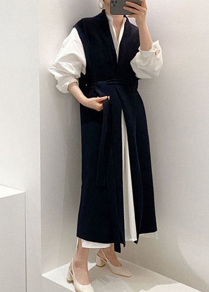 Casual Navy Cinched Zwei Stücke Set Strick Weste shirts kleid Frühling