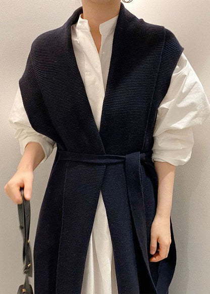 Casual Navy Cinched Zwei Stücke Set Strick Weste shirts kleid Frühling
