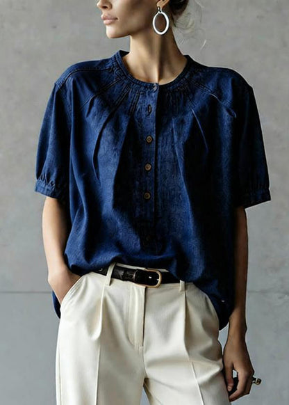 Casual Navy O Neck Button Wrinkled Denim Top Summer