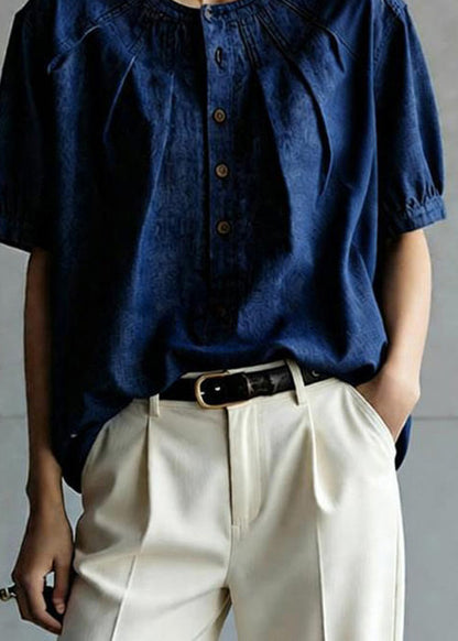 Casual Navy O Neck Button Wrinkled Denim Top Summer
