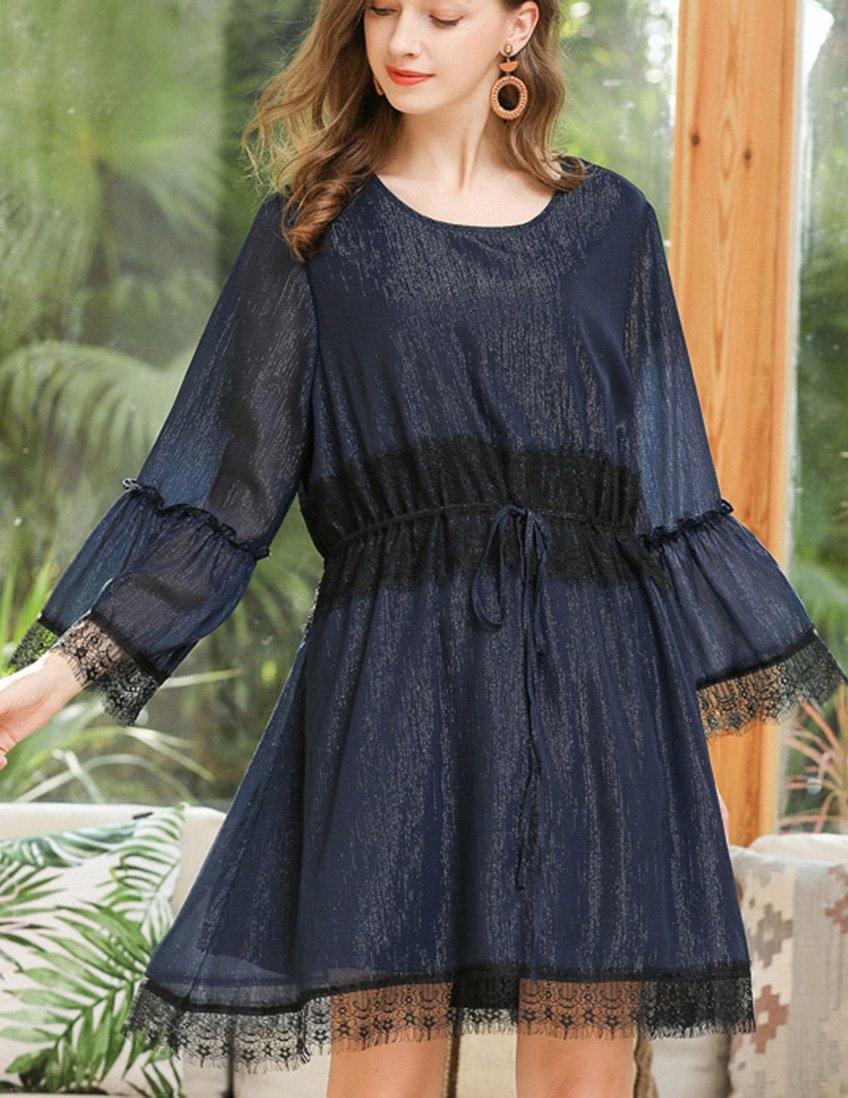 Casual Navy O-Neck Chiffon Flare Sleeve Spring Mid Dress - SooLinen