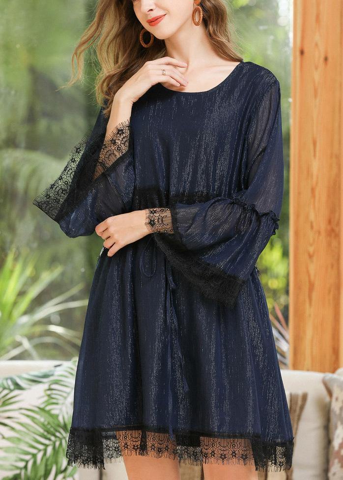 Casual Navy O-Neck Chiffon Flare Sleeve Spring Mid Dress - SooLinen