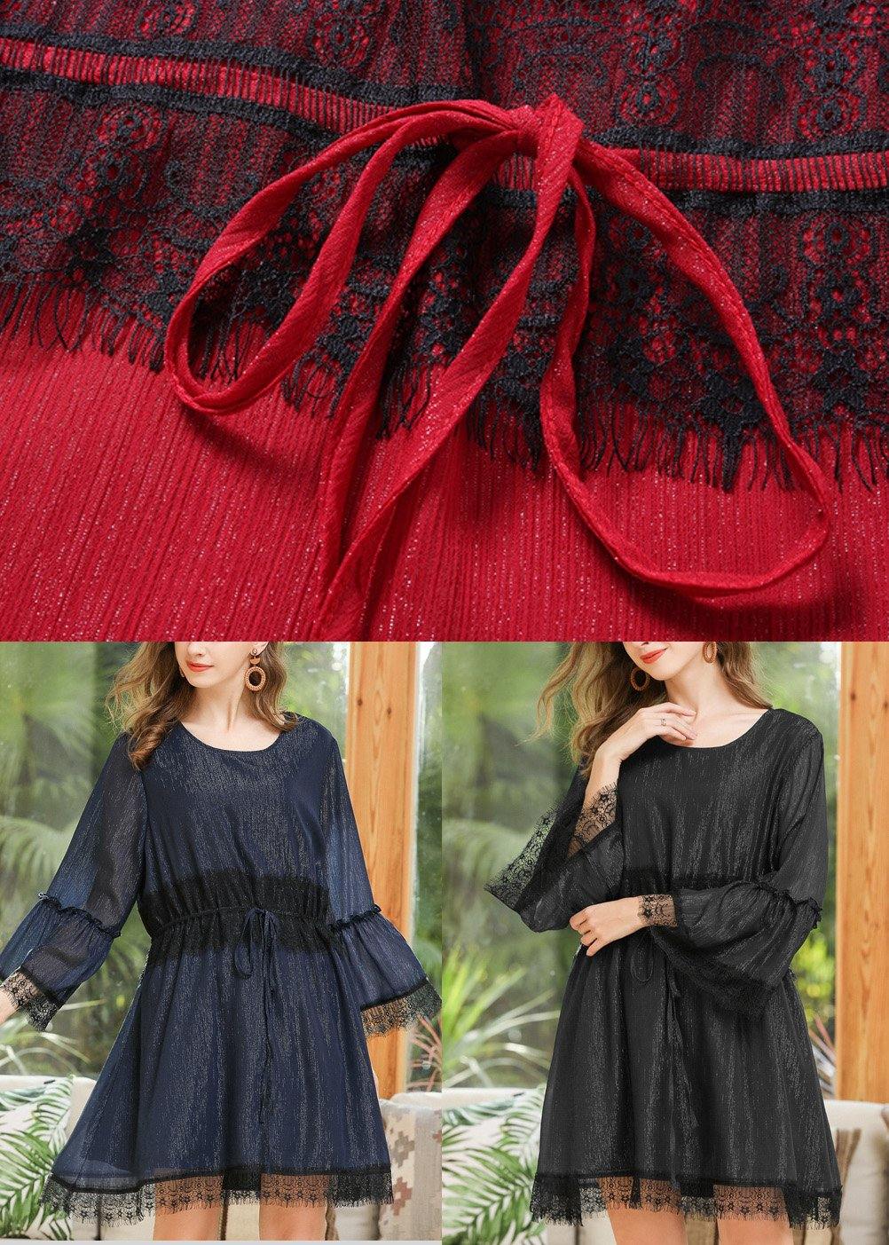 Casual Navy O-Neck Chiffon Flare Sleeve Spring Mid Dress - SooLinen