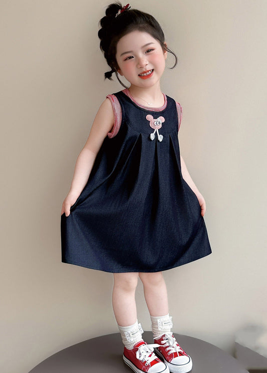 Casual Navy O-Neck Patchwork Kids Long Dresses Sleeveless