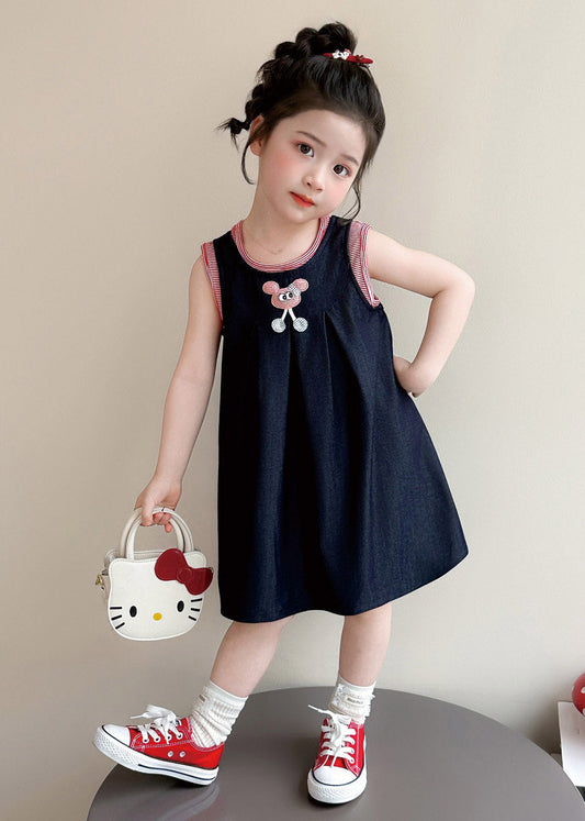 Casual Navy O-Neck Patchwork Kids Long Dresses Sleeveless