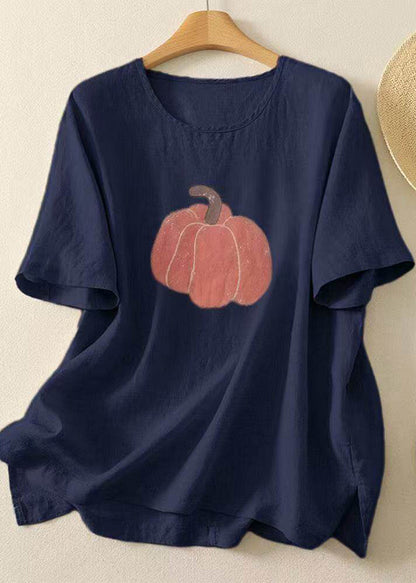 Casual Navy O Neck Print Cotton T Shirt Tops Summer