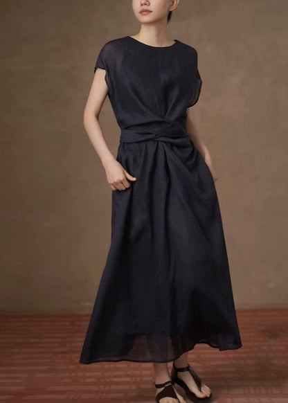 Casual Navy O-Neck Tie Waist Long Dress Summer