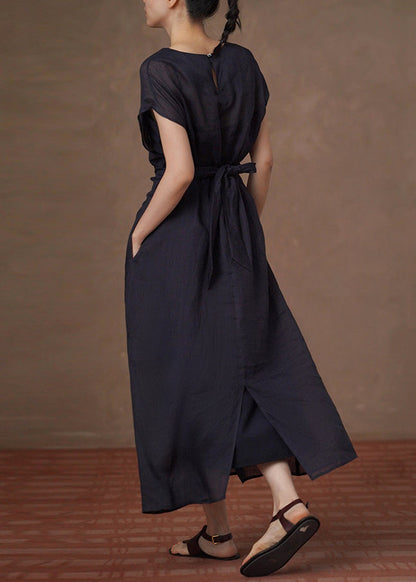 Casual Navy O-Neck Tie Waist Long Dress Summer