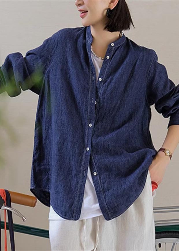 Casual Navy Oversized Linen Shirt Top Fall