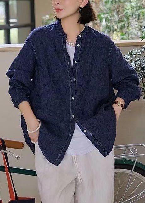 Casual Navy Oversized Linen Shirt Top Fall