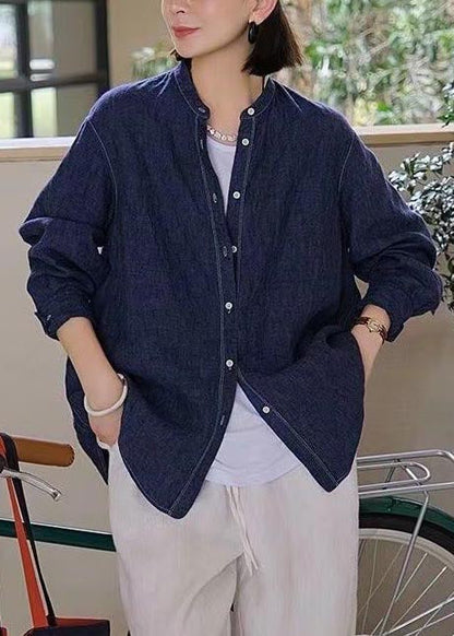 Casual Navy Oversized Linen Shirt Top Fall