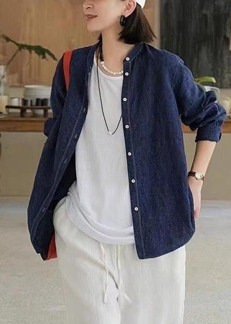 Casual Navy Oversized Linen Shirt Top Fall