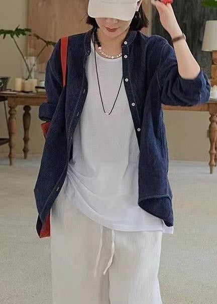 Casual Navy Oversized Linen Shirt Top Fall