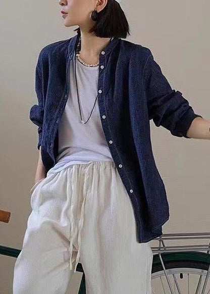 Casual Navy Oversized Linen Shirt Top Fall