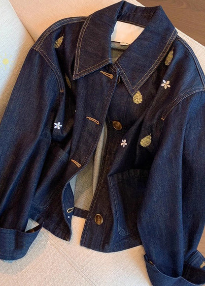 Casual Navy Peter Pan Collar Embroidered Denim Coat Spring