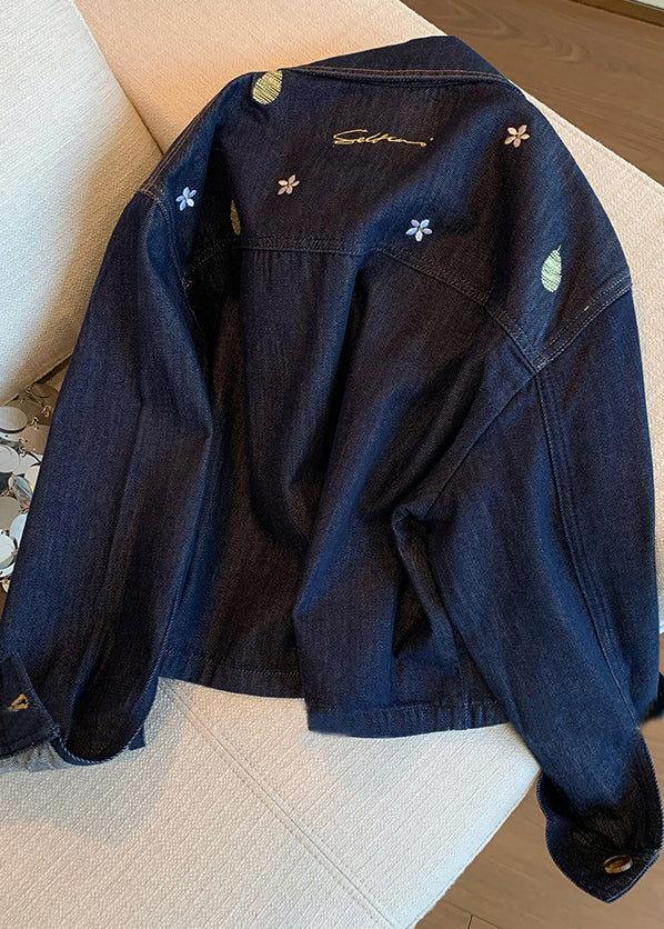 Casual Navy Peter Pan Collar Embroidered Denim Coat Spring