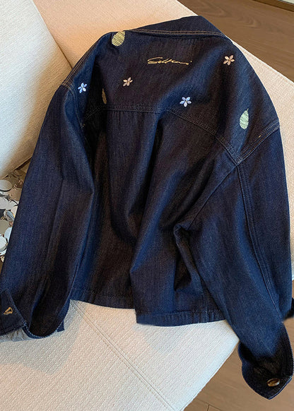 Casual Navy Peter Pan Collar Embroidered Denim Coat Spring