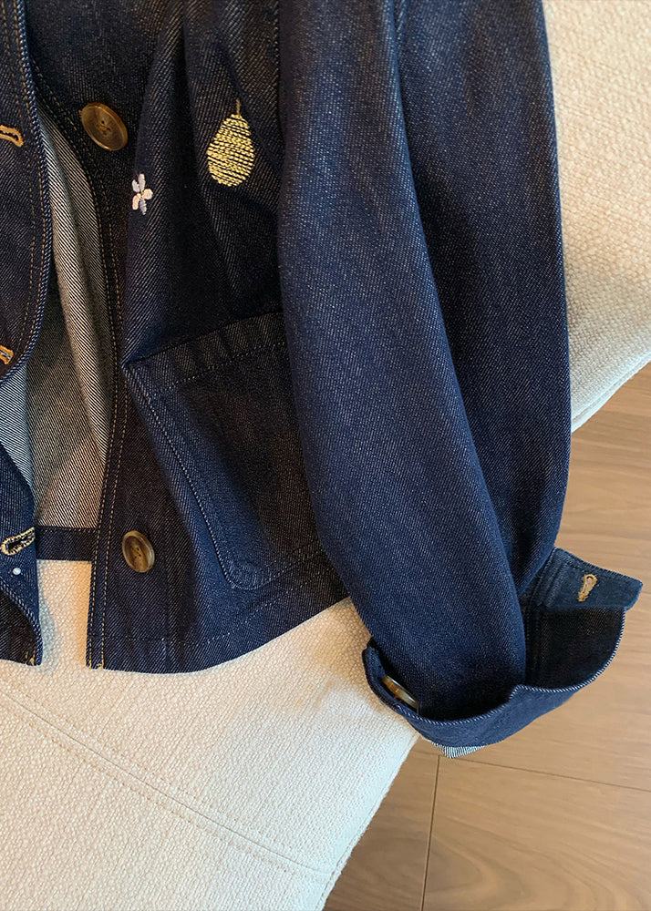 Casual Navy Peter Pan Collar Embroidered Denim Coat Spring