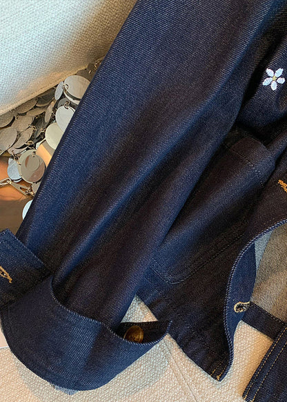 Casual Navy Peter Pan Collar Embroidered Denim Coat Spring