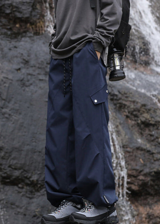 Casual Navy Pockets Drawstring Cotton Men Pantsl Fall