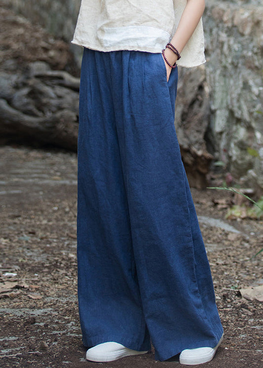 Lässige Marineblaue Taschen Elastische Taille Leinenhose mit weitem Bein Sommer