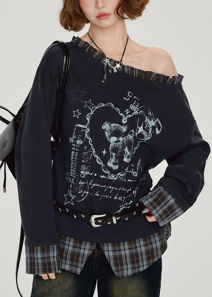 Casual Navy Ruffled falsePatchwork False Two Pieces Cotton Top Spring