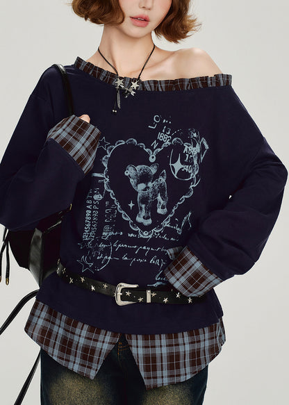 Casual Navy Ruffled falsePatchwork False Two Pieces Cotton Top Spring