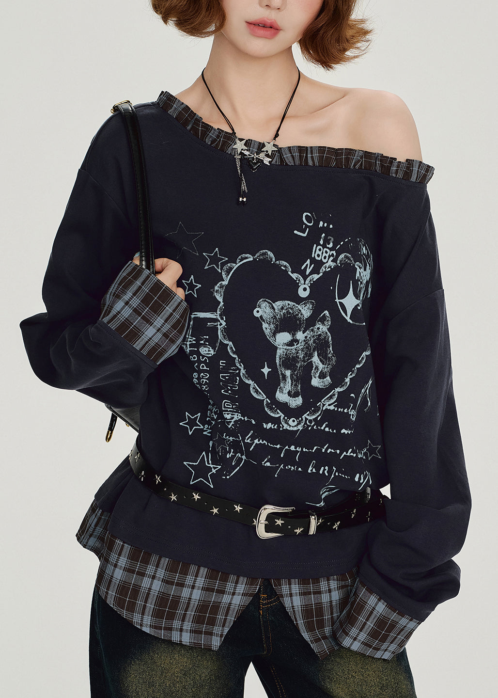 Casual Navy Ruffled falsePatchwork False Two Pieces Cotton Top Spring