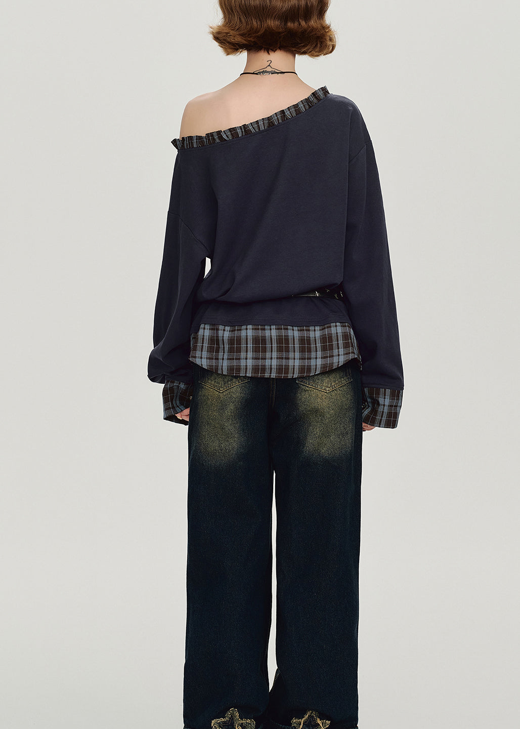 Casual Navy Ruffled falsePatchwork False Two Pieces Cotton Top Spring