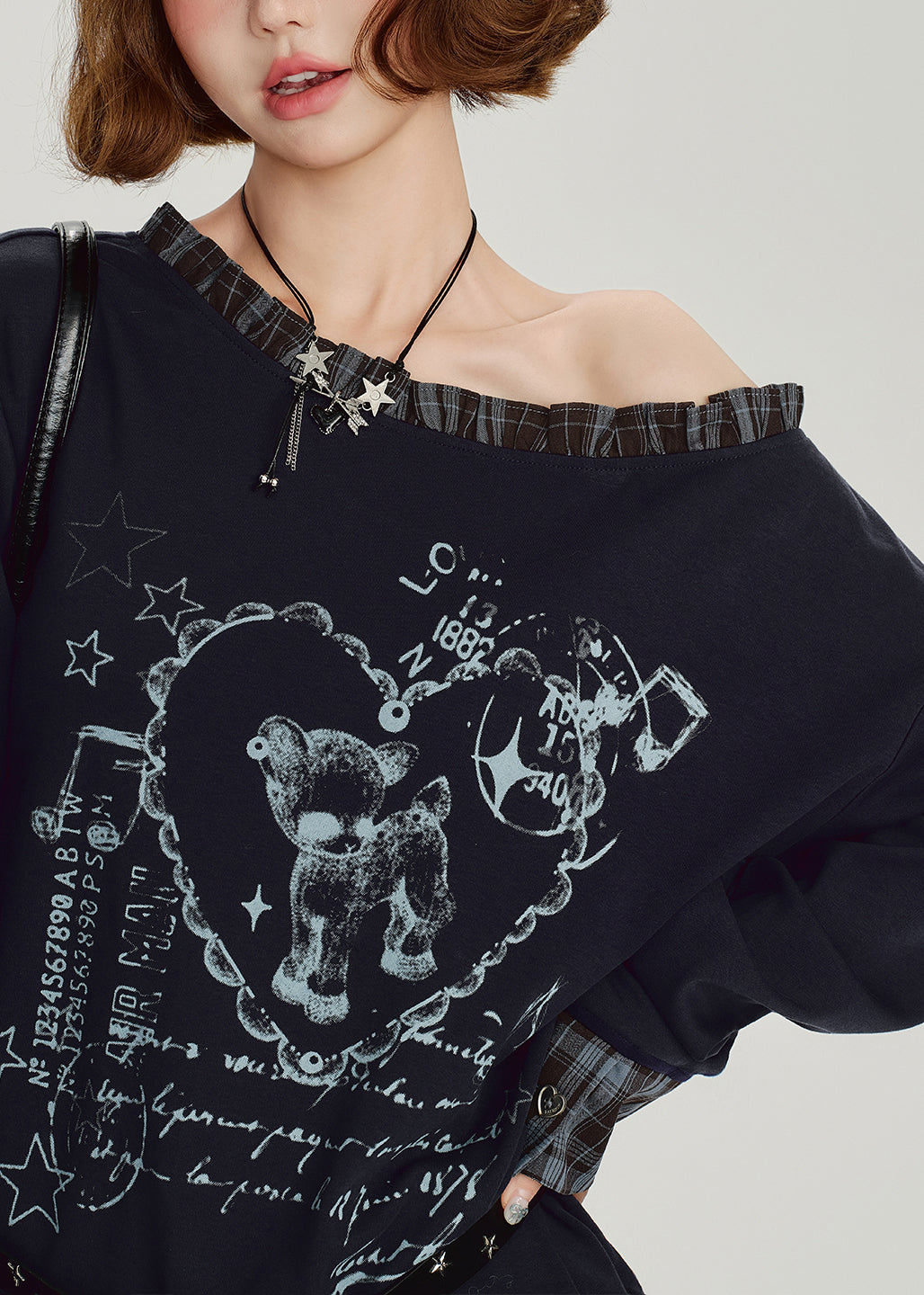 Casual Navy Ruffled falsePatchwork False Two Pieces Cotton Top Spring