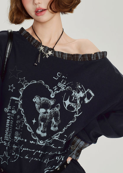 Casual Navy Ruffled falsePatchwork False Two Pieces Cotton Top Spring