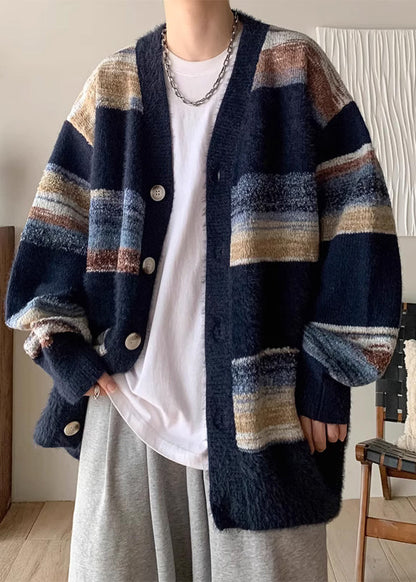 Casual Navy V Neck Striped Button Knit Mens Coats Spring