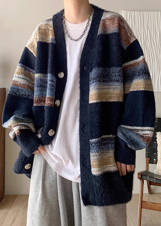 Casual Navy V Neck Striped Button Knit Mens Coats Spring