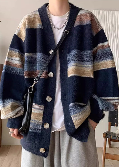 Casual Navy V Neck Striped Button Knit Mens Coats Spring