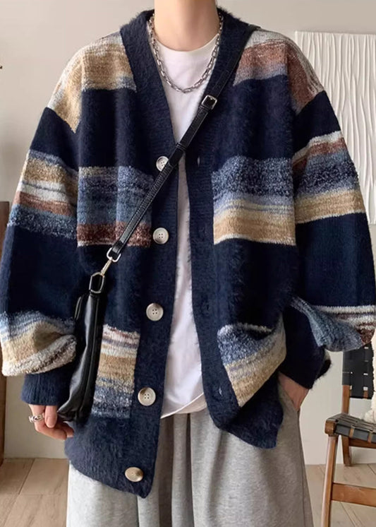 Casual Navy V Neck Striped Button Knit Mens Coats Spring