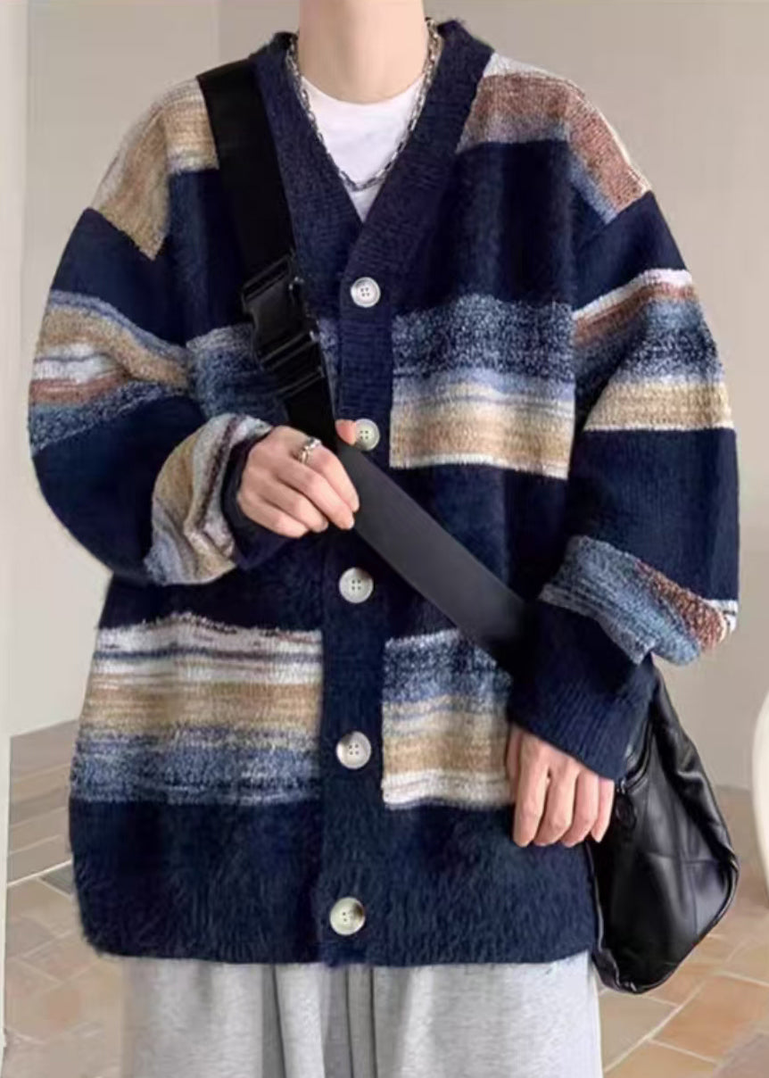 Casual Navy V Neck Striped Button Knit Mens Coats Spring