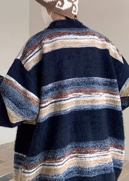Casual Navy V Neck Striped Button Knit Mens Coats Spring