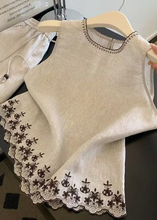 Casual O Neck Embroidered Linen Two Pieces Set Summer