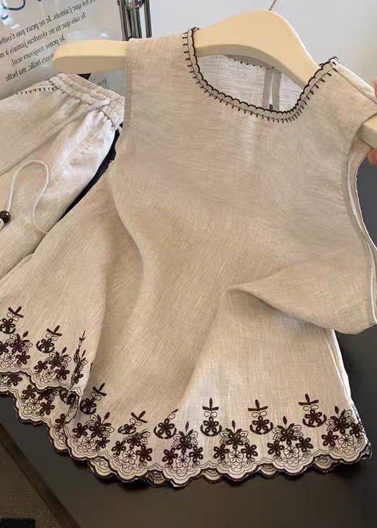 Casual O Neck Embroidered Linen Two Pieces Set Summer