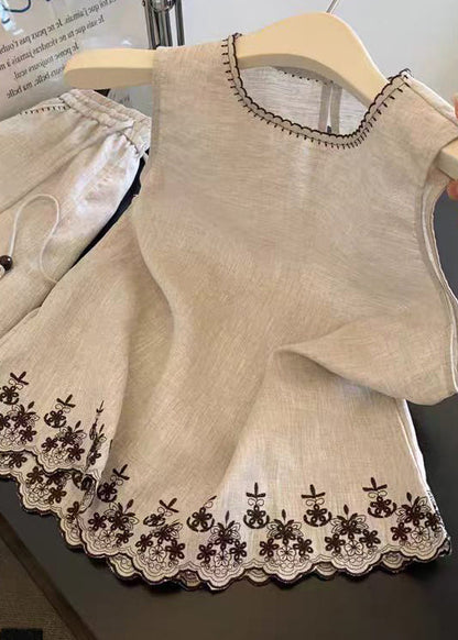 Casual O Neck Embroidered Linen Two Pieces Set Summer