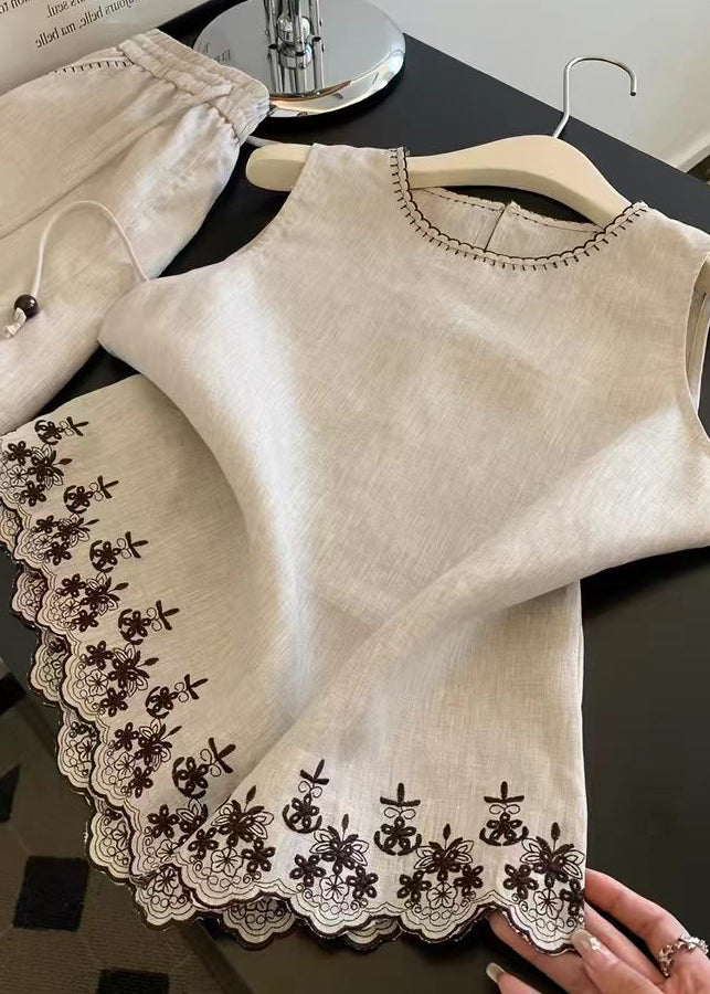 Casual O Neck Embroidered Linen Two Pieces Set Summer