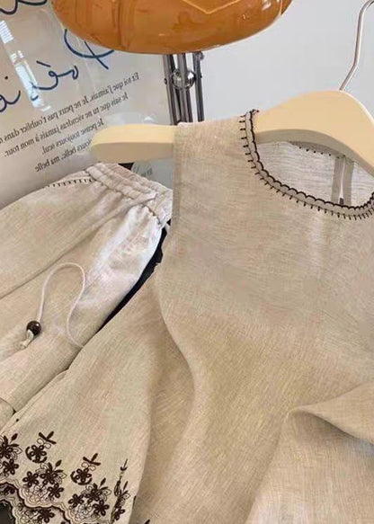 Casual O Neck Embroidered Linen Two Pieces Set Summer