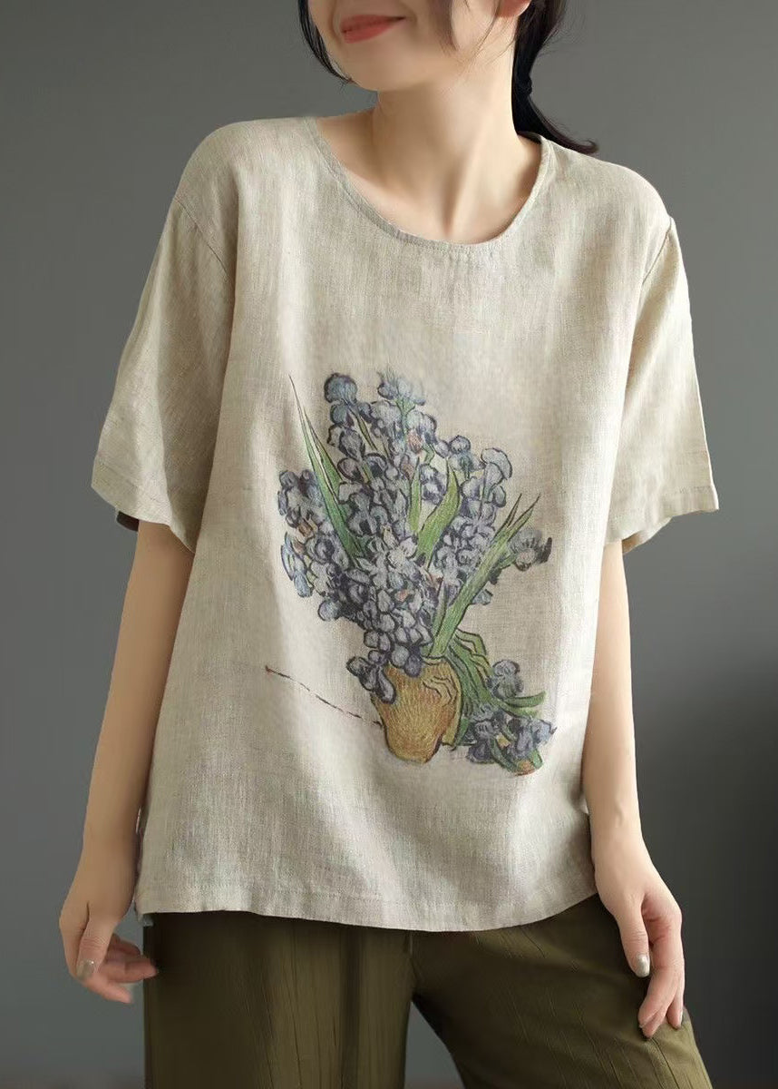 Casual O Neck Print Linen T Shirt Tops Summer