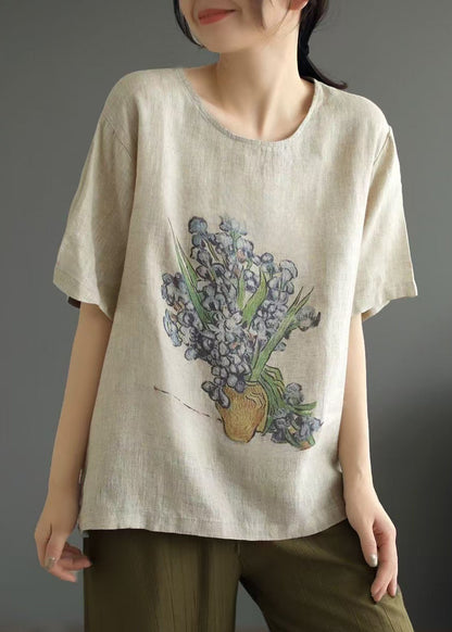 Casual O Neck Print Linen T Shirt Tops Summer