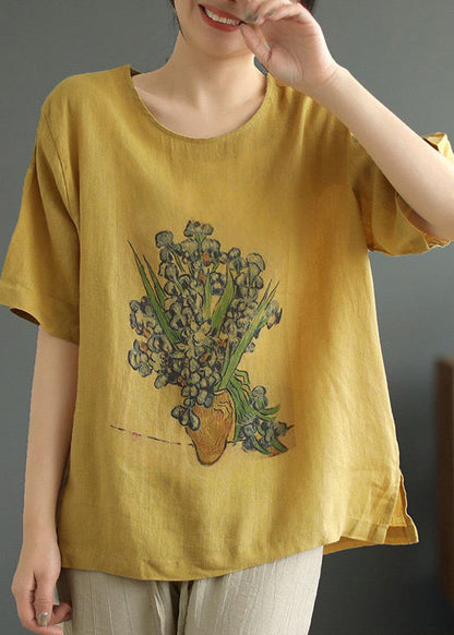 Casual O Neck Print Linen T Shirt Tops Summer