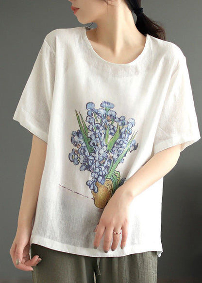 Casual O Neck Print Linen T Shirt Tops Summer