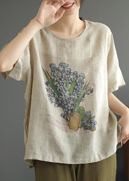 Casual O Neck Print Linen T Shirt Tops Summer