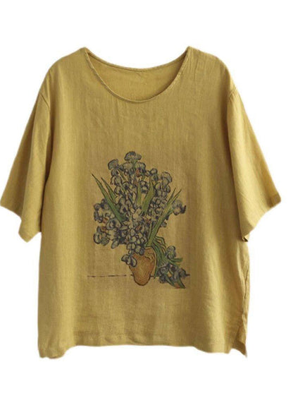 Casual O Neck Print Linen T Shirt Tops Summer