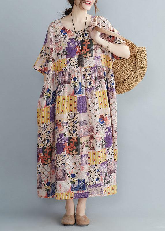 Casual O-Neck Retro Print Summer Sundress Half Sleeve - SooLinen