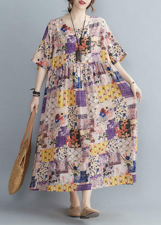 Casual O-Neck Retro Print Summer Sundress Half Sleeve - SooLinen